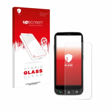 Face avant d’un emballage produit avec le logo de la marque upscreen. À côté, l’appareil SPC Zeus 4G Pro est représenté avec l