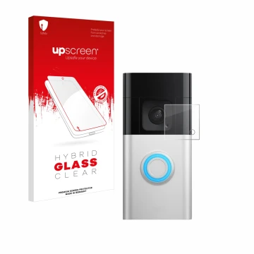 Face avant d’un emballage produit avec le logo de la marque upscreen. À côté, l’appareil Ring Battery Video Doorbell Pro est r