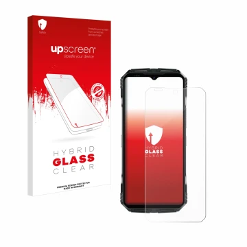 Face avant d’un emballage produit avec le logo de la marque upscreen. À côté, l’appareil Doogee S118 est représenté avec la pr