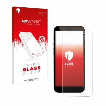 Face avant d’un emballage produit avec le logo de la marque upscreen. À côté, l’appareil Datalogic Memor 30 / 35 est représent