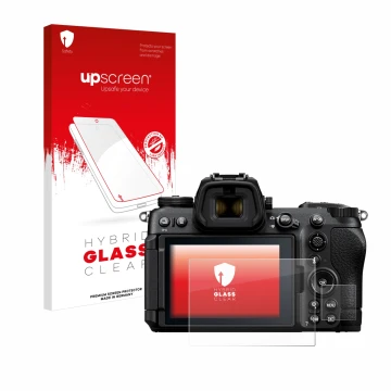 Face avant d’un emballage produit avec le logo de la marque upscreen. À côté, l’appareil Nikon Z6 III est représenté avec la p