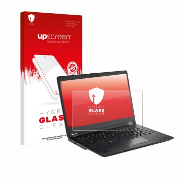 Face avant d’un emballage produit avec le logo de la marque upscreen. À côté, l’appareil Fujitsu Lifebook U7410 est représenté
