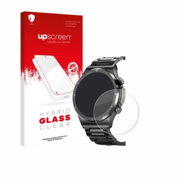 Face avant d’un emballage produit avec le logo de la marque upscreen. À côté, l’appareil Powerwill Smartwatch 1.39