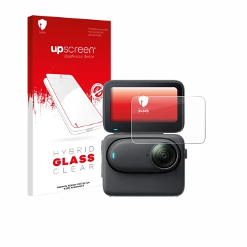Face avant d’un emballage produit avec le logo de la marque upscreen. À côté, l’appareil Insta360 Go 3S est représenté avec la