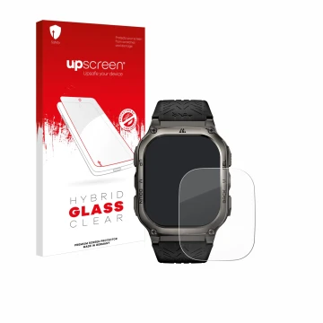 Face avant d’un emballage produit avec le logo de la marque upscreen. À côté, l’appareil Kospet Tank M3 est représenté avec la
