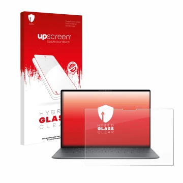 Face avant d’un emballage produit avec le logo de la marque upscreen. À côté, l’appareil Dell XPS 13 9345 est représenté avec 