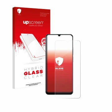 Face avant d’un emballage produit avec le logo de la marque upscreen. À côté, l’appareil realme C61 est représenté avec la pro