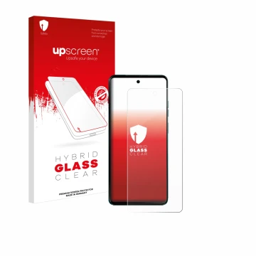 Face avant d’un emballage produit avec le logo de la marque upscreen. À côté, l’appareil Motorola Moto G04 est représenté avec