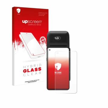 Face avant d’un emballage produit avec le logo de la marque upscreen. À côté, l’appareil Verifone T650c est représenté avec la