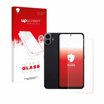 Face avant d’un emballage produit avec le logo de la marque upscreen. À côté, l’appareil Nothing CMF Phone 1 (Avant+Caméra) es