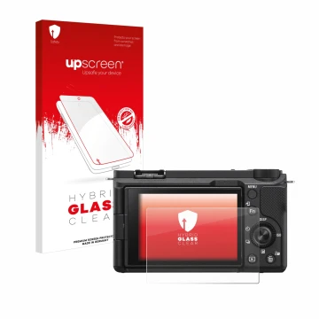 Face avant d’un emballage produit avec le logo de la marque upscreen. À côté, l’appareil Sony Alpha ZV-E10 II est représenté a