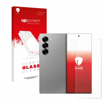 Face avant d’un emballage produit avec le logo de la marque upscreen. À côté, l’appareil Samsung Galaxy Z Fold 6 5G (Avant+Cam