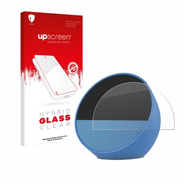 Face avant d’un emballage produit avec le logo de la marque upscreen. À côté, l’appareil Amazon Echo Spot 2024 est représenté 