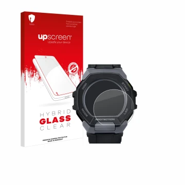 Face avant d’un emballage produit avec le logo de la marque upscreen. À côté, l’appareil Casio G-Shock G-Squad GBD-300 est rep