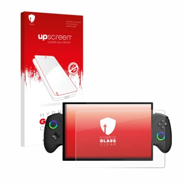 Face avant d’un emballage produit avec le logo de la marque upscreen. À côté, l’appareil OneXPlayer X1 est représenté avec la 