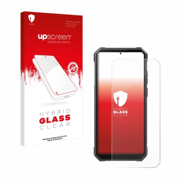Face avant d’un emballage produit avec le logo de la marque upscreen. À côté, l’appareil Fossibot F105 est représenté avec la 