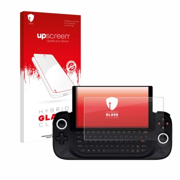 Face avant d’un emballage produit avec le logo de la marque upscreen. À côté, l’appareil Ayaneo Slide est représenté avec la p