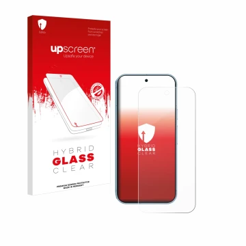Face avant d’un emballage produit avec le logo de la marque upscreen. À côté, l’appareil Google Pixel 9 Pro est représenté ave