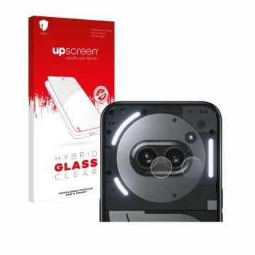 Face avant d’un emballage produit avec le logo de la marque upscreen. À côté, l’appareil Nothing Phone (2a) Plus (Caméra UNIQU