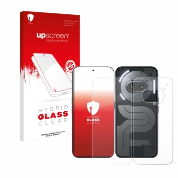 Face avant d’un emballage produit avec le logo de la marque upscreen. À côté, l’appareil Nothing Phone (2a) Plus (Avant+Arrièr