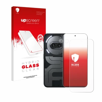 Face avant d’un emballage produit avec le logo de la marque upscreen. À côté, l’appareil Nothing Phone (2a) Plus (Avant+Caméra