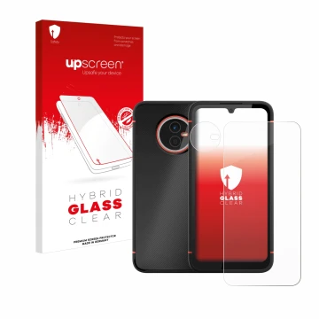 Face avant d’un emballage produit avec le logo de la marque upscreen. À côté, l’appareil Gigaset GX4 Pro (Avant+Caméra) est re