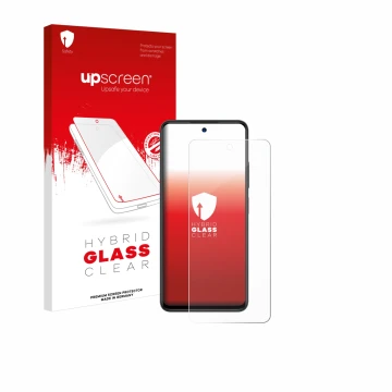 Face avant d’un emballage produit avec le logo de la marque upscreen. À côté, l’appareil ZTE Blade A75 5G est représenté avec 