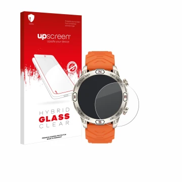 Face avant d’un emballage produit avec le logo de la marque upscreen. À côté, l’appareil Bytelike Smartwatch 1.43