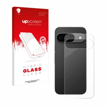 Face avant d’un emballage produit avec le logo de la marque upscreen. À côté, l’appareil Google Pixel 9 (Arrière) est représen
