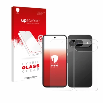 Face avant d’un emballage produit avec le logo de la marque upscreen. À côté, l’appareil Google Pixel 9 (Avant+Arrière) est re