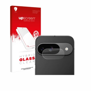 Face avant d’un emballage produit avec le logo de la marque upscreen. À côté, l’appareil Google Pixel 9 (Caméra UNIQUEMENT) es