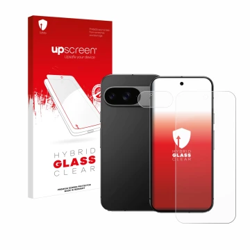 Face avant d’un emballage produit avec le logo de la marque upscreen. À côté, l’appareil Google Pixel 9 (Avant+Caméra) est rep