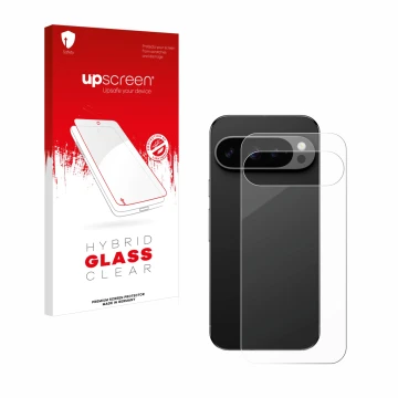 Face avant d’un emballage produit avec le logo de la marque upscreen. À côté, l’appareil Google Pixel 9 Pro (Arrière) est repr