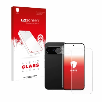 Face avant d’un emballage produit avec le logo de la marque upscreen. À côté, l’appareil Google Pixel 9 Pro (Avant+Caméra) est