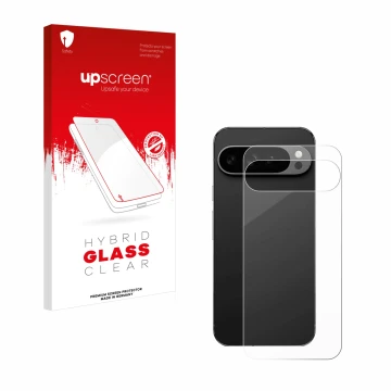 Face avant d’un emballage produit avec le logo de la marque upscreen. À côté, l’appareil Google Pixel 9 Pro XL (Arrière) est r