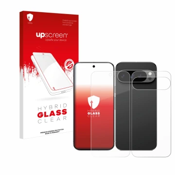 Face avant d’un emballage produit avec le logo de la marque upscreen. À côté, l’appareil Google Pixel 9 Pro XL (Avant+Arrière)