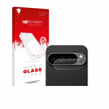 Face avant d’un emballage produit avec le logo de la marque upscreen. À côté, l’appareil Google Pixel 9 Pro XL (Caméra UNIQUEM