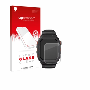 Face avant d’un emballage produit avec le logo de la marque upscreen. À côté, l’appareil Zeblaze Ares GPS est représenté avec 