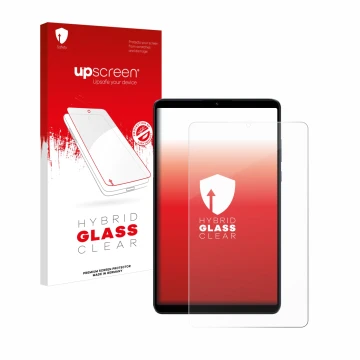 Face avant d’un emballage produit avec le logo de la marque upscreen. À côté, l’appareil Xiaomi Redmi Pad SE 8.7 4G est représ