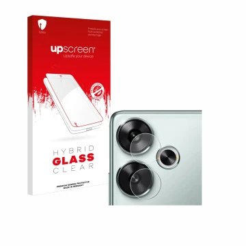 Face avant d’un emballage produit avec le logo de la marque upscreen. À côté, l’appareil Xiaomi Poco F6 (Caméra UNIQUEMENT) es