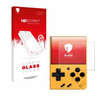 Face avant d’un emballage produit avec le logo de la marque upscreen. À côté, l’appareil Miyoo Mini V4 est représenté avec la 
