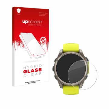 Face avant d’un emballage produit avec le logo de la marque upscreen. À côté, l’appareil Garmin Fenix 8 Solar (47 mm) est repr