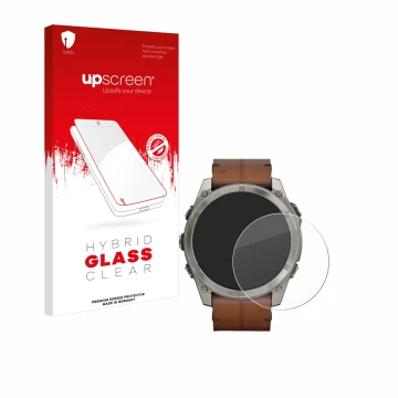 Face avant d’un emballage produit avec le logo de la marque upscreen. À côté, l’appareil Garmin Fenix 8 AMOLED (51 mm) est rep
