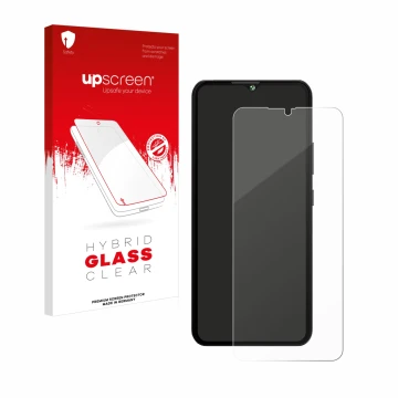 Face avant d’un emballage produit avec le logo de la marque upscreen. À côté, l’appareil Cubot A10 est représenté avec la prot
