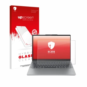 Face avant d’un emballage produit avec le logo de la marque upscreen. À côté, l’appareil Lenovo IdeaPad Pro 5 14AHP9 est repré