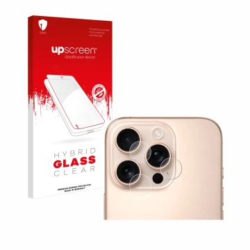 Face avant d’un emballage produit avec le logo de la marque upscreen. À côté, l’appareil Apple iPhone 16 Pro (Caméra UNIQUEMEN