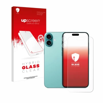 Face avant d’un emballage produit avec le logo de la marque upscreen. À côté, l’appareil Apple iPhone 16 Plus (Avant+Caméra) e