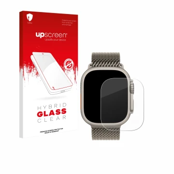 Face avant d’un emballage produit avec le logo de la marque upscreen. À côté, l’appareil Apple Watch Ultra 3 est représenté av