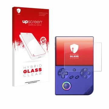 Face avant d’un emballage produit avec le logo de la marque upscreen. À côté, l’appareil Anbernic RG40XXV est représenté avec 