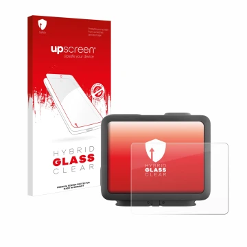 Face avant d’un emballage produit avec le logo de la marque upscreen. À côté, l’appareil GoPro Hero 4k est représenté avec la 